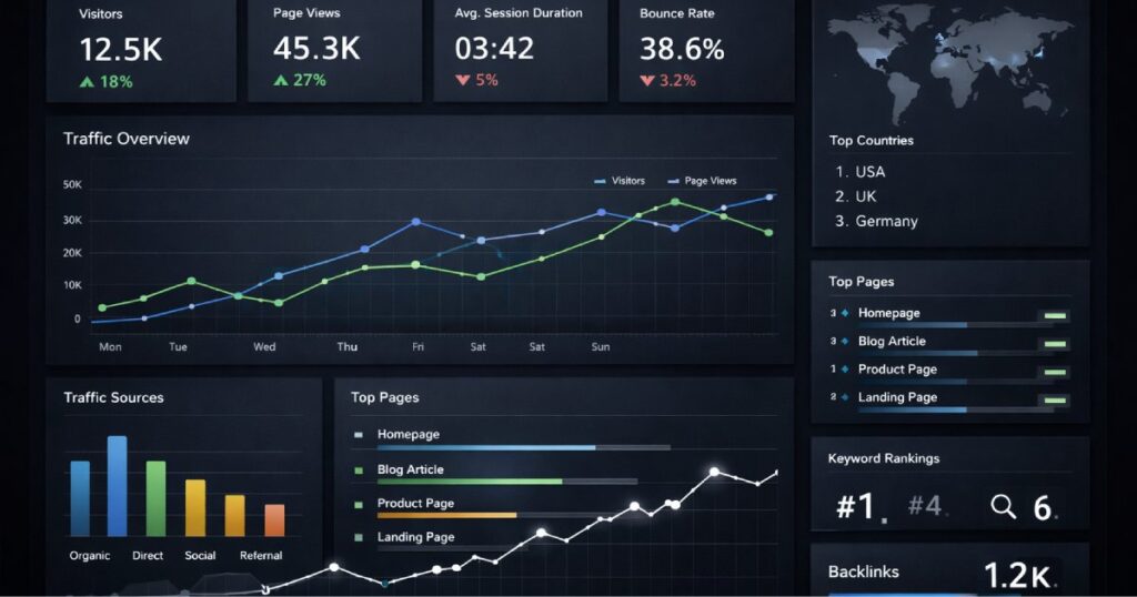 Dashboard digital com gráficos de tráfego e métricas, representando monitorização de domínios e análise de dados.