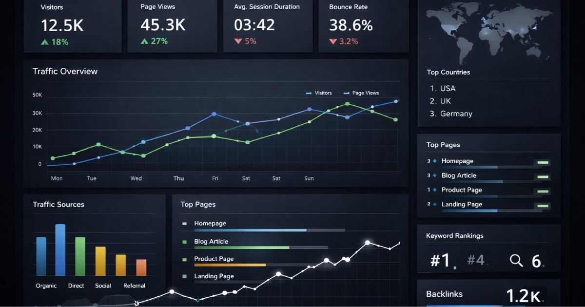 Dashboard digital com gráficos de tráfego e métricas, representando monitorização de domínios e análise de dados.