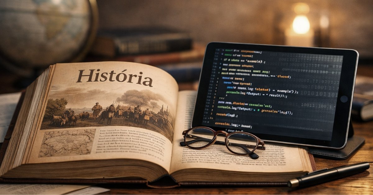 Livro de História aberto ao lado de um tablet com código digital, simbolizando o contraste entre conhecimento tradicional e tecnologia moderna na era da inteligência artificial.