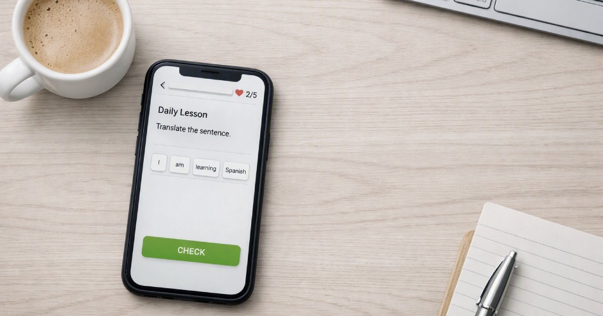 Smartphone sobre mesa de madeira clara com interface de app de aprendizagem de idiomas.