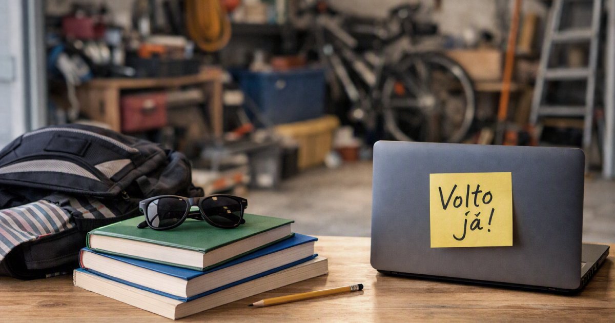 Composição com garagem desarrumada, materiais escolares e computador com post-it, simbolizando o caos e humor do mês de Julho.