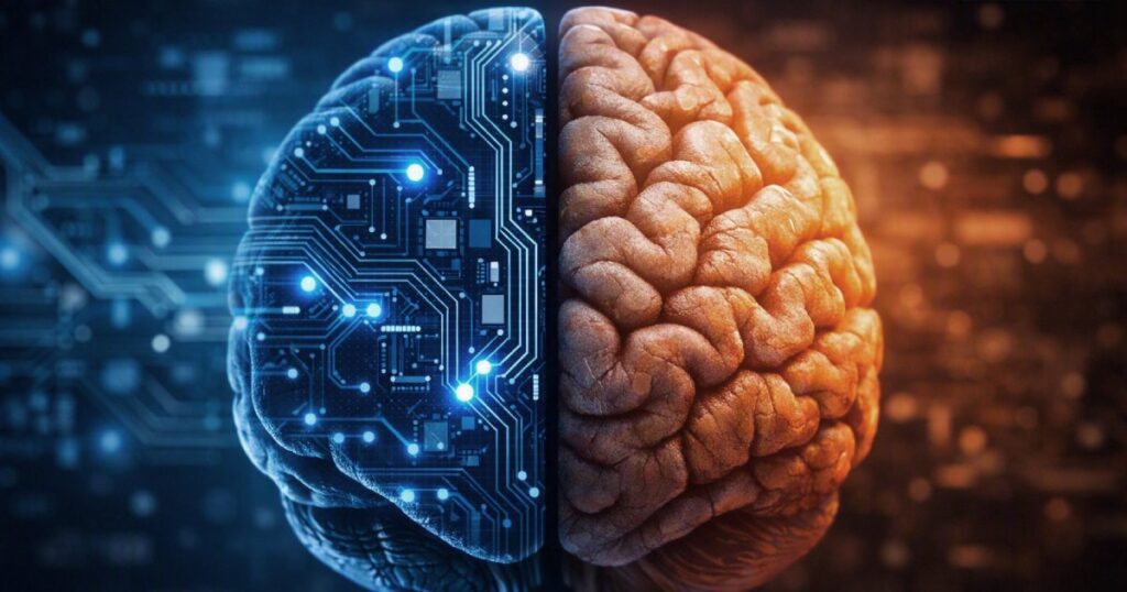 Cérebro dividido entre tecnologia e humanidade, simbolizando a evolução da IA e do pensamento crítico.