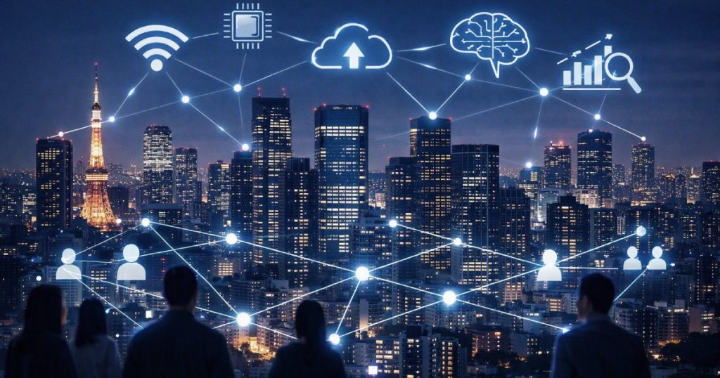 Cidade noturna iluminada com símbolos digitais e conexões entre pessoas e edifícios, representando um mundo interligado pela inteligência artificial.