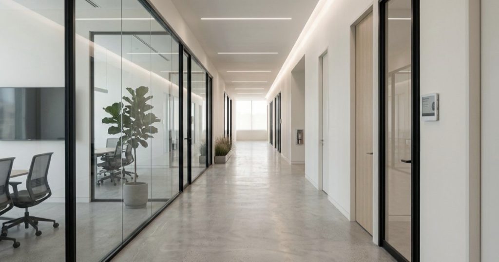Corredor de escritório moderno e minimalista, com luz natural e linhas limpas, representando a interseção entre tecnologia, operações e Facility Management.