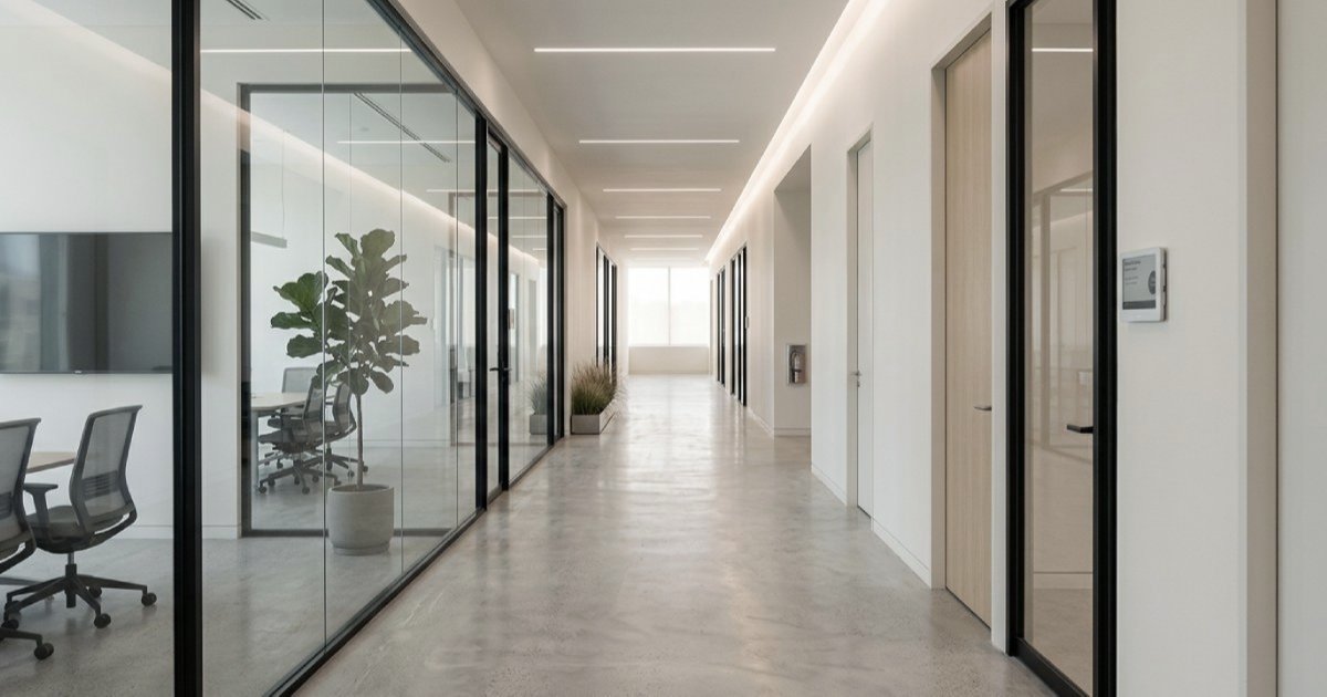 Corredor de escritório moderno e minimalista, com luz natural e linhas limpas, representando a interseção entre tecnologia, operações e Facility Management.