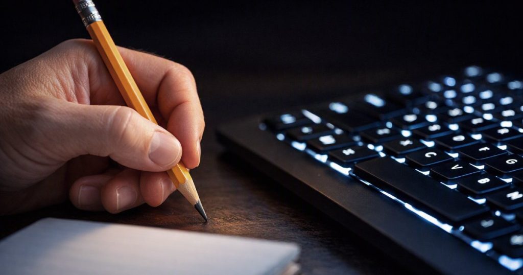 Mão humana a segurar um lápis junto a teclado iluminado, representando o equilíbrio entre pensamento crítico e tecnologia.