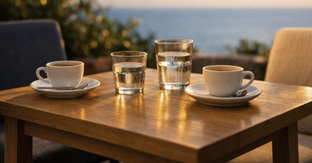 Mesa de café com duas cadeiras em esplanada tranquila, luz quente de fim de tarde, copos e chávenas sobre a mesa, com vegetação leve e o azul do mar no horizonte, simbolizando o início das Conversas Digitais e o valor da presença.